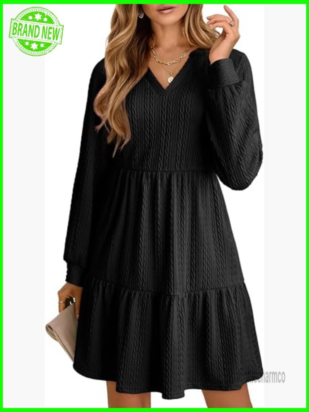 Long Sleeve V Neck Babydoll Mini Dress Tiered Ruffle A-Line Casual